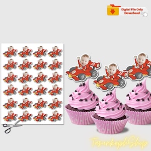 Printable Cupcake Topper Race Car Face, Personalized Funny Racing Car Birthday Party Decor for Boy Girl, Customized Baby Photo Digital File