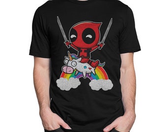 Deadpool Riding a Unicorn Vintage T-Shirt, Men&#39;s Women&#39;s All Sizes (mw-109)