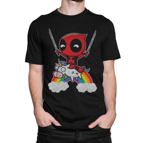 Deadpool Riding a Unicorn Vintage T-Shirt, Men's Women's All Sizes (mw-109)