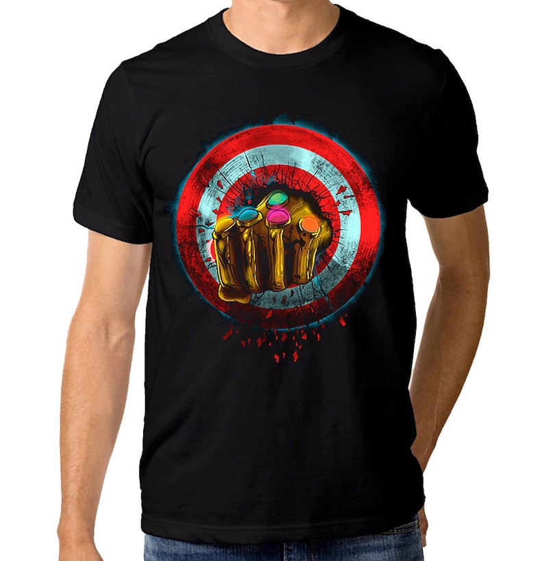 サノスがキャプテン・アメリカのシールドを破壊 Tシャツ、アベンジャーズ インフィニティ・ウォー シャツ (mw-361) 画像 1