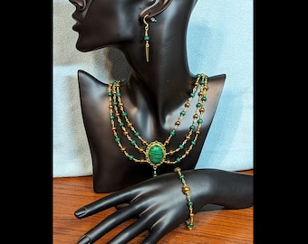 Natural Malachite 3-Tier Gold-tone Beaded Chain Necklace, Bracelet, Earrings Set