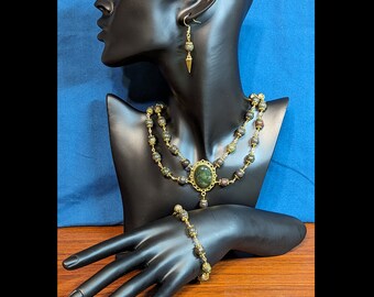 Natural African Bloodstone 2-Tier Gold-tone Beaded Chain Necklace, Bracelet, Earrings Set