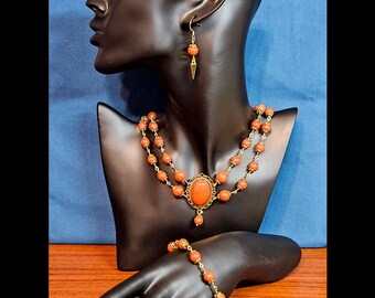 Natural Red Jasper 2-Tier Gold-tone Beaded Chain Necklace, Bracelet, Earrings Set