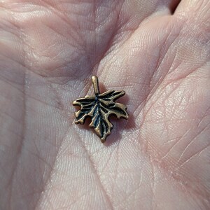 May include: A small, metallic bronze-toned charm shaped like a maple leaf. The charm features raised edges and recessed, darkened details that define the veins and serrated margins of the leaf structure, creating a textured, three-dimensional appearance.