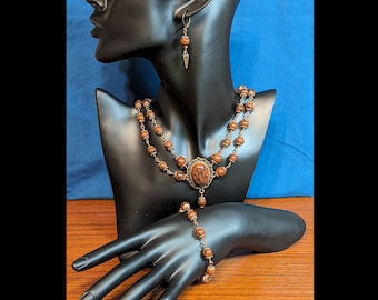 Natural Mahogany Obsidian 2-Tier Copper-tone Beaded Chain Necklace, Bracelet, Earrings Set