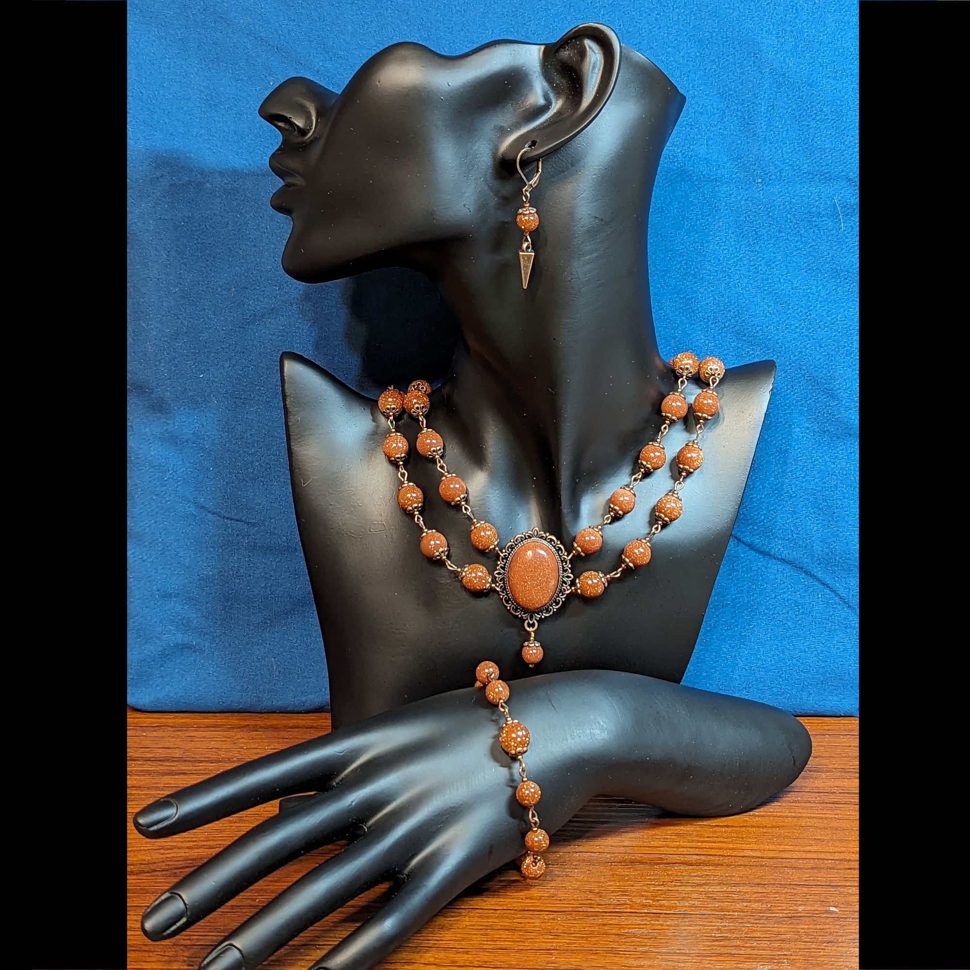 Goldstone 2-Tier Copper-tone Beaded Chain Necklace, Bracelet, Earrings Set