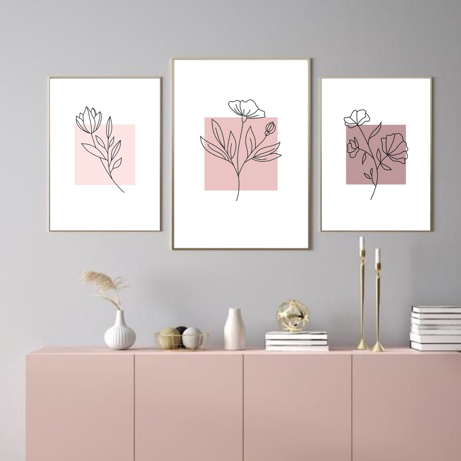 Set of three flowers prints Instant download Abstract shapes Etsy