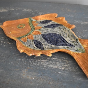 Ceramic Fish Plate Golden Sun and Blue Handmade Gifts