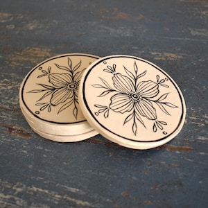 Ceramic Black Flower Coaster Set of 4 Handmade Gifts Pottery Decor Floral Design Clay Coaster Set Round
