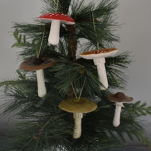 Handmade Ceramic Mushroom Ornaments: Set of 5, Christmas Decor