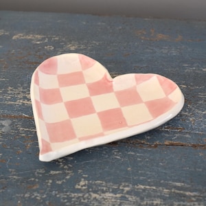 Ceramic Checkerboard Pink Heart Trinket Dish