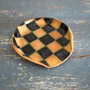 Ceramic Spoon Rest Checkerboard Black and Ginger Brown