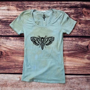 T Shirt Green Black Moth Lino Print Graphic Tee