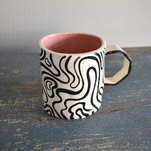 Groovy Ceramic Mug Black and White Stripes Handmade Mug Clay Cup Coffee Drinker Tea Lover Pink Cup Gifts image 1