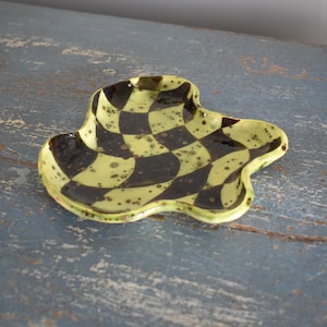 Ceramic Checkerboard Dish Speckled Olive Green Handmade Gifts Home Decor