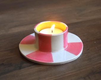 Hand-sculpted Ceramic Tealight Holder: Pink Stripes, Green Interior Home Decor
