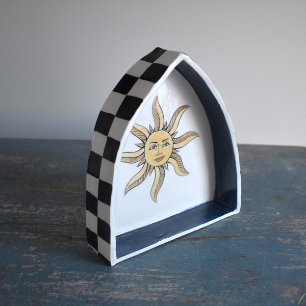 Vintage Grunge Sun Ceramic Altar Handmade Gifts Home Decor Clay Altar Shrine Checkerboard Black and White