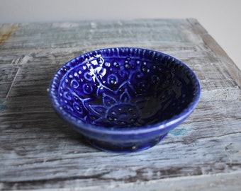 90s Grunge Ceramic Dish Blue Oriental Design Jewelry Bowl Handmade Pottery Gift Home Decor