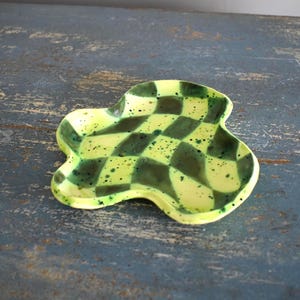 Ceramic Checkerboard Trinket Dish Acid Green Handmade Gifts Home Decor
