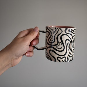 Groovy Ceramic Mug Black and White Stripes Handmade Mug Clay Cup Coffee Drinker Tea Lover Pink Cup Gifts image 7