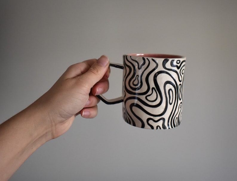 Groovy Ceramic Mug Black and White Stripes Handmade Mug Clay Cup Coffee Drinker Tea Lover Pink Cup Gifts image 7