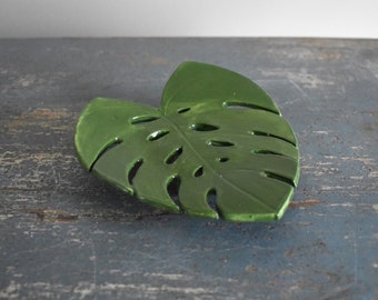 Ceramic Monstera Leaf Soap / Sponge Rest Handmade Gift Home Decor Tropical Boho Dish