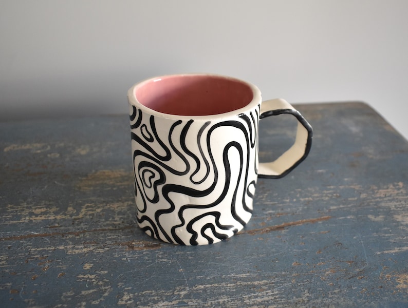 Groovy Ceramic Mug Black and White Stripes Handmade Mug Clay Cup Coffee Drinker Tea Lover Pink Cup Gifts image 1