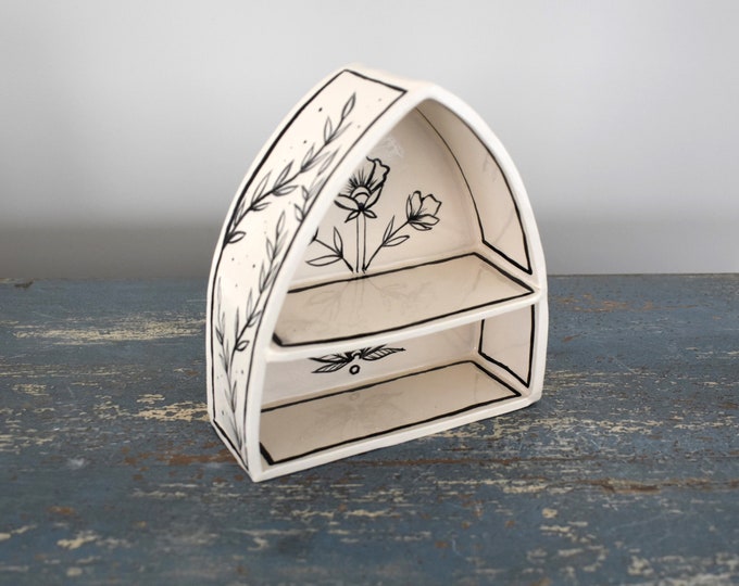 Ceramic Altar Shrine Black and White Flower Illustration Handmade