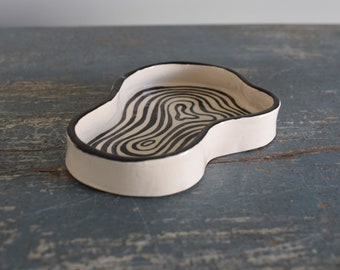 Groovy Black and White Ceramic Trinket Dish Pottery Striped Home Decor Handmade Jewelry Gift