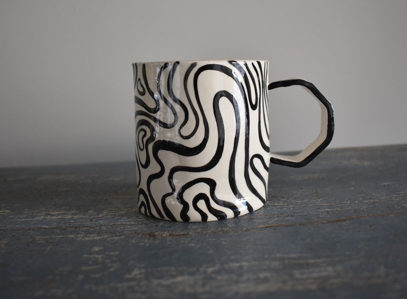 Groovy Ceramic Mug Black and White Stripes Handmade Mug Clay Cup Coffee Drinker Tea Lover Pink Cup Gifts image 5