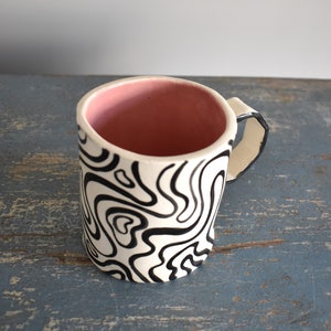 Groovy Ceramic Mug Black and White Stripes Handmade Mug Clay Cup Coffee Drinker Tea Lover Pink Cup Gifts image 3