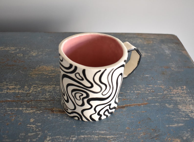 Groovy Ceramic Mug Black and White Stripes Handmade Mug Clay Cup Coffee Drinker Tea Lover Pink Cup Gifts image 3