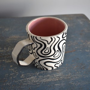 Groovy Ceramic Mug Black and White Stripes Handmade Mug Clay Cup Coffee Drinker Tea Lover Pink Cup Gifts image 4