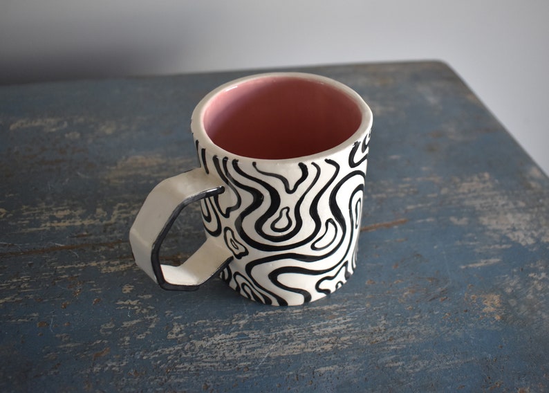 Groovy Ceramic Mug Black and White Stripes Handmade Mug Clay Cup Coffee Drinker Tea Lover Pink Cup Gifts image 4