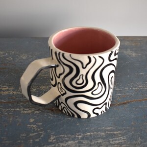 Groovy Ceramic Mug Black and White Stripes Handmade Mug Clay Cup Coffee Drinker Tea Lover Pink Cup Gifts image 2
