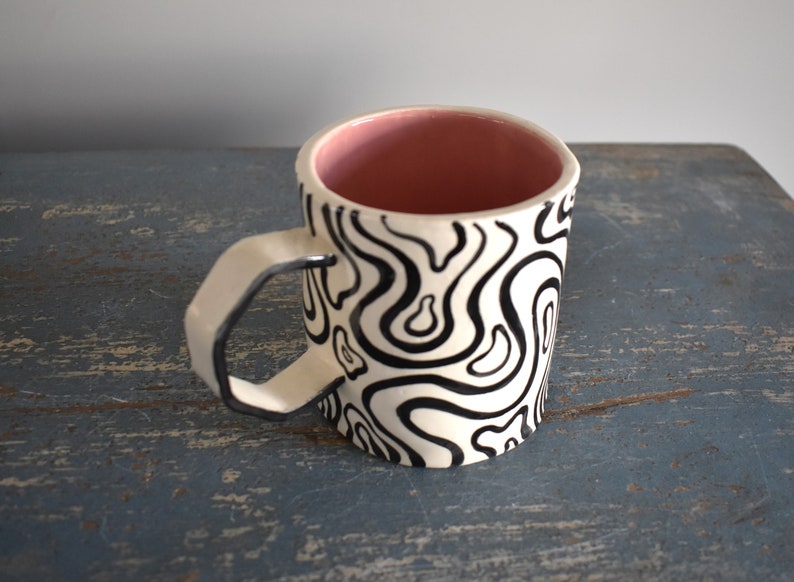 Groovy Ceramic Mug Black and White Stripes Handmade Mug Clay Cup Coffee Drinker Tea Lover Pink Cup Gifts image 2