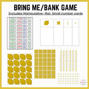 May include: A colorful chart with numbers from 1000 to 9000, 100 to 900, 10 to 90, and 1 to 9. The chart is used for a bring me/bank game. The game includes a manipulative mat, small number cards, and visual representations of the numbers using squares, lines, and dots.