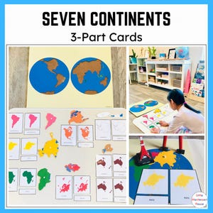Tarjetas Montessori de 3 partes de los 7 CONTINENTES del mundo