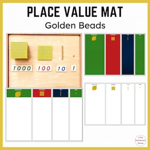 May include: A place value mat with four sections labeled "Thousand", "Hundred", "Ten", and "Unit". Each section has a space for a golden bead representation of the number. The top row shows a cube of 1000 beads, a square of 100 beads, a rod of 10 beads, and a single bead.