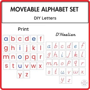 May include: A red-bordered educational chart displays two sets of alphabet letters: Print and D'Nealian. The letters are in individual white squares, with the print letters in red and blue, and the D'Nealian letters in red and blue cursive. The text "MOVEABLE ALPHABET SET" and "DIY Letters" are at the top.