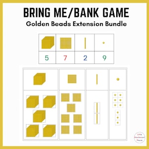 Può includere: Un foglio di lavoro stampabile per un gioco di matematica chiamato "Bring Me/Bank Game" che utilizza perline dorate. Il foglio di lavoro mostra diverse quantità di perline dorate rappresentate come cubi, barre e perline singole. I numeri 5, 7, 2 e 9 sono scritti sotto le rappresentazioni.