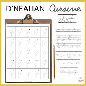 May include: A clipboard with a worksheet for practicing cursive handwriting. The worksheet features the letter "j" in dotted lines for tracing, along with the alphabet in cursive. A yellow pencil is placed on the right side of the image. The words "D'Nealian Cursive" are at the top.