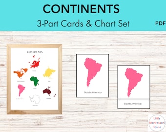 CONTINENTS Montessori 3-Part Card and Chart Set Bundle Printable