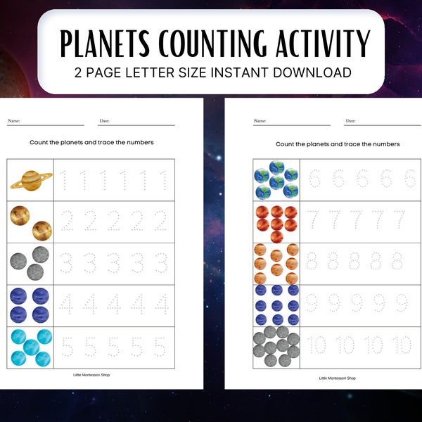PLANETS COUNTING Activity Montessori Solar System Math Space Math Instant Download