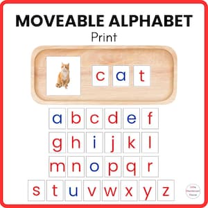 May include: A wooden tray with the word "cat" spelled out using individual letter cards. A picture of an orange and white cat is on a card. The words "MOVEABLE ALPHABET Print" are at the top, with the alphabet below.