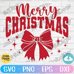 Könnte beinhalten: Rote und weiße Weihnachtsgrafik mit dem Text "Merry Christmas" und einer roten Schleife mit weißen Highlights. Die Grafik ist von kleinen weißen Sternen umgeben.