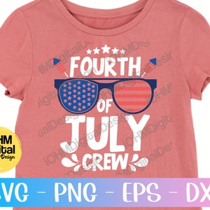 May include: A red t-shirt with the text "Fourth of July Crew" in white. The text is surrounded by a pair of sunglasses with an American flag pattern.