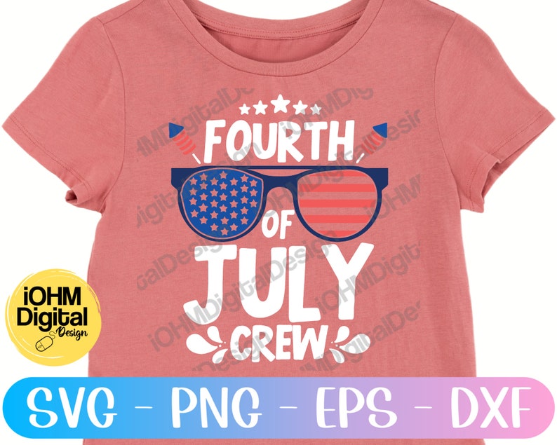 May include: A red t-shirt with the text "Fourth of July Crew" in white. The text is surrounded by a pair of sunglasses with an American flag pattern.