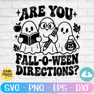 May include: A black graphic design featuring three ghosts with the text ARE YOU FALL-O-WEEN DIRECTIONS? The first ghost holds an open book, the second wears glasses and holds a pencil, and the third holds a jack-o'-lantern bucket with an apple and leaves.