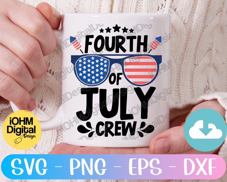 May include: White ceramic mug with a Fourth of July design. The design features a pair of sunglasses with red, white and blue stars and stripes. The text "FOURTH OF JULY CREW" is printed in black.